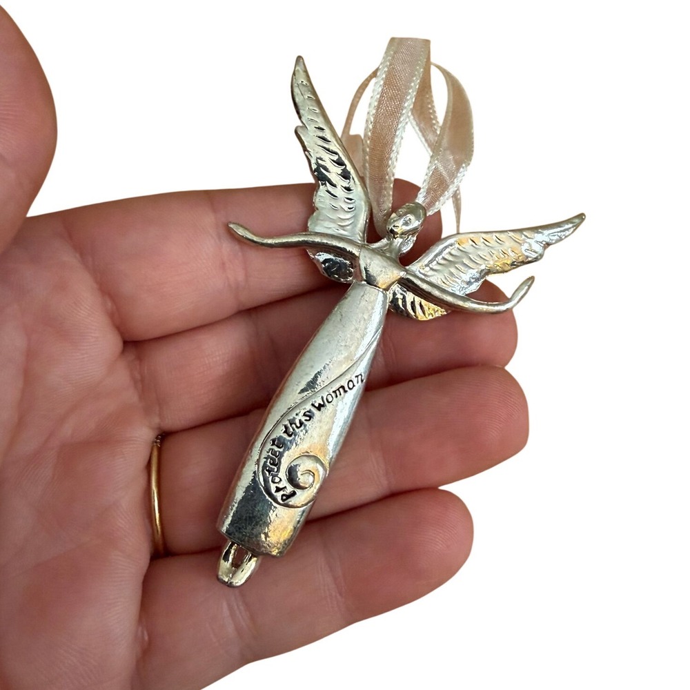 Silver Tone Protect This Woman Angel Brooch Pin and Hanging Ornament Charm